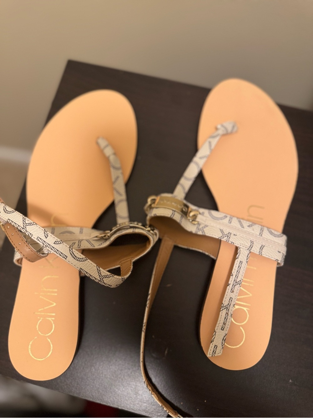 Calvin Klein Beige Logo-Print T-Strap Sandals with Tan Footbed